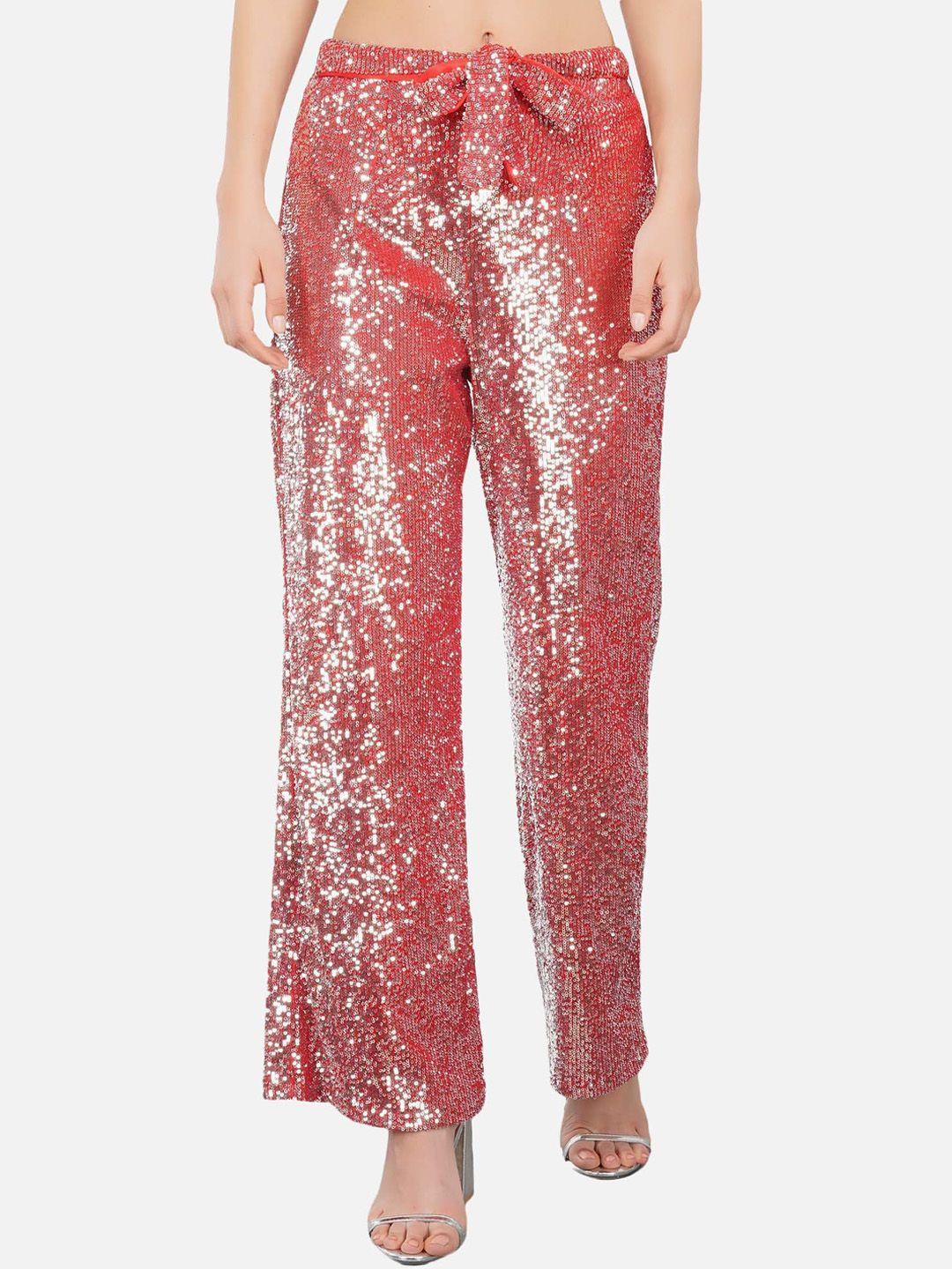 attic salt women red & silver-toned embellished sequined comfort trousers