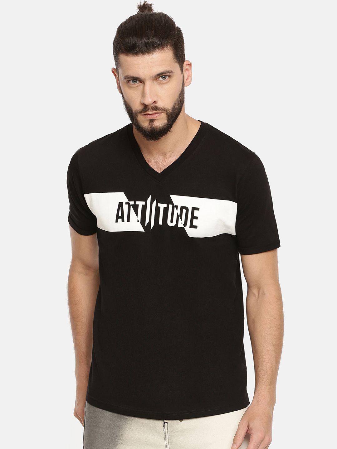 attiitude men black printed v-neck pure cotton slim fit t-shirt