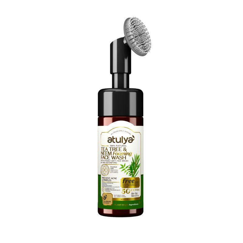 atulya 100% natural tea tree & neem foaming face wash with in-built soft face brush