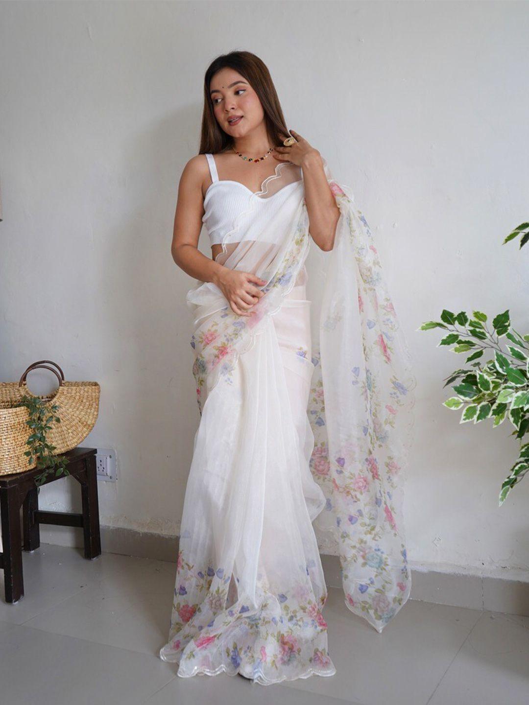 atulyam tex world floral printed embroidered organza saree