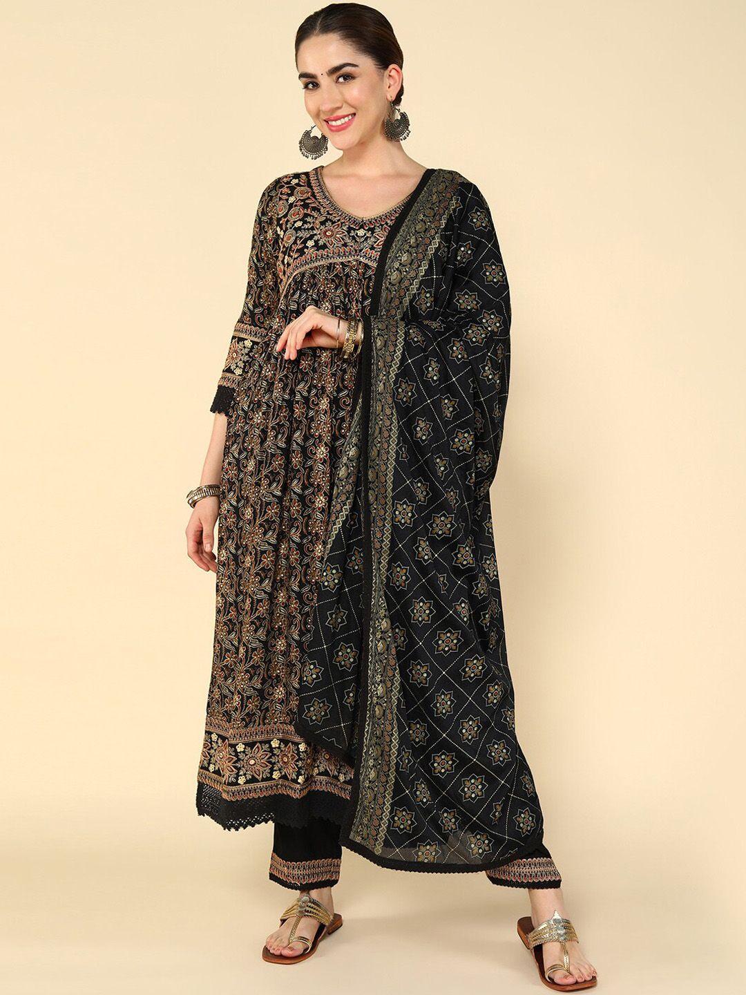 aturabi floral embroidered kantha work anarkali kurta with trousers & with dupatta