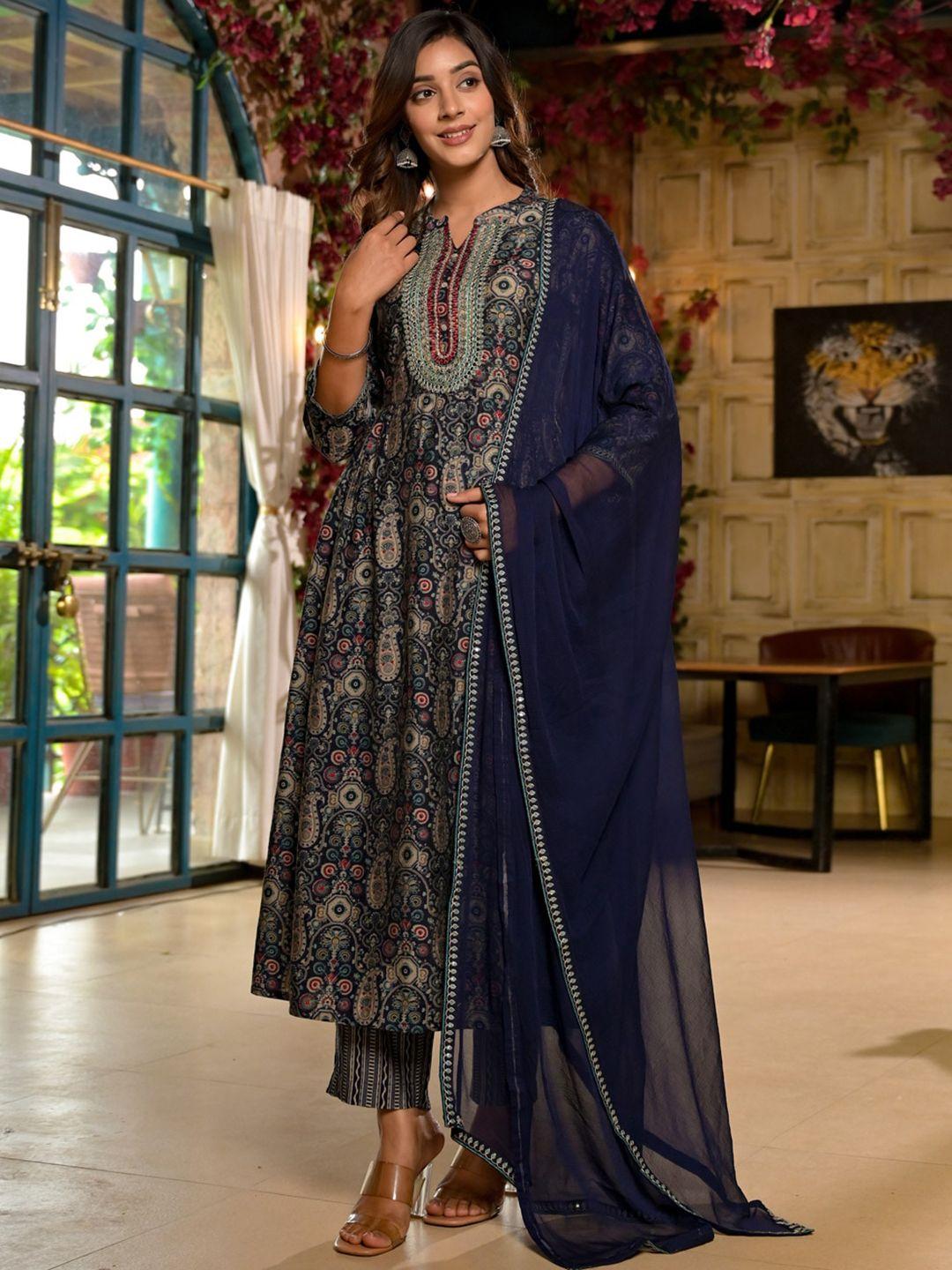 aturabi ethnic motifs printed mandarin collar sequinned kurta with trousers & with dupatta