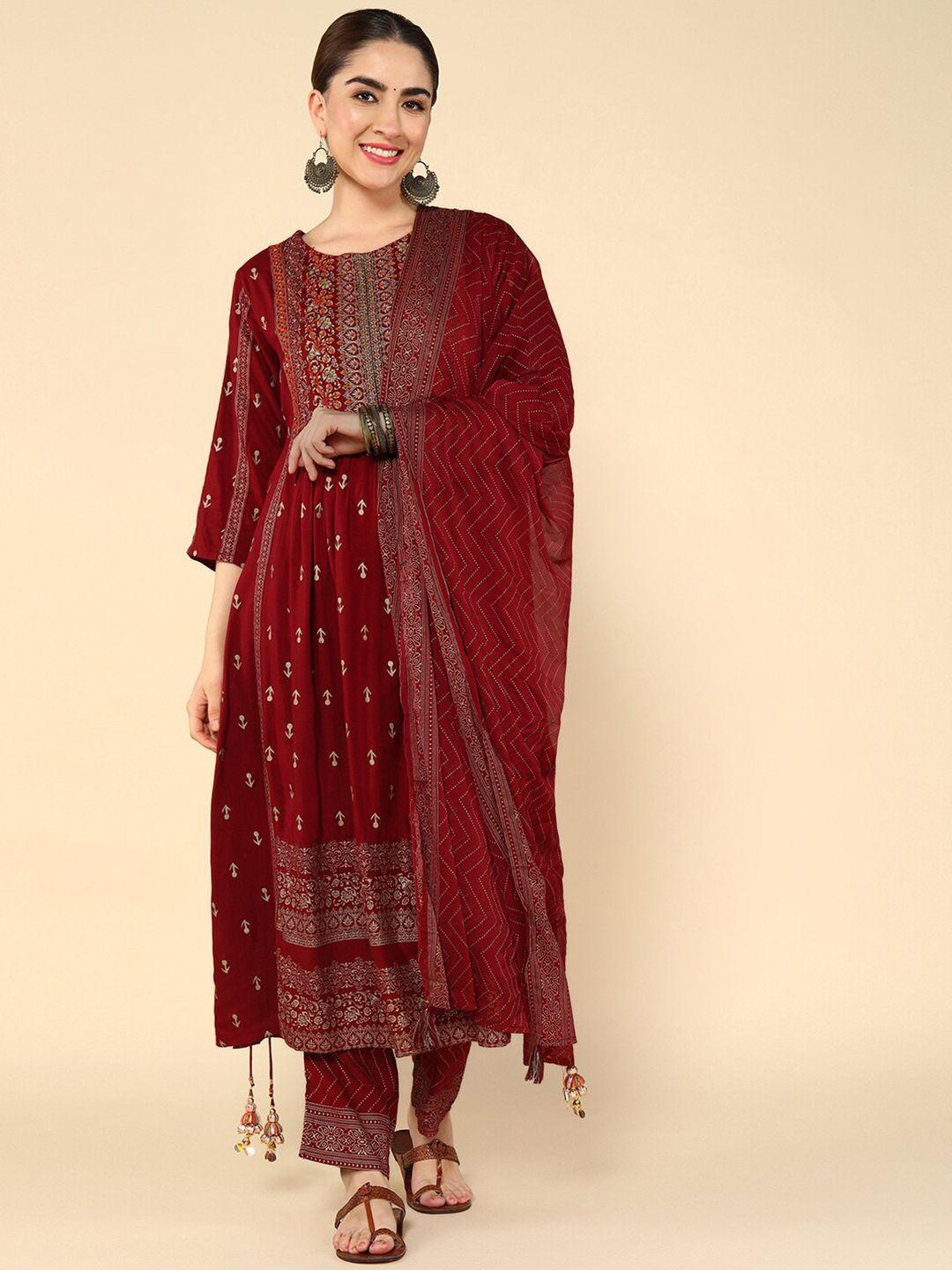 aturabi ethnic motifs printed thread work pleated a-line kurta & trouser with dupatta
