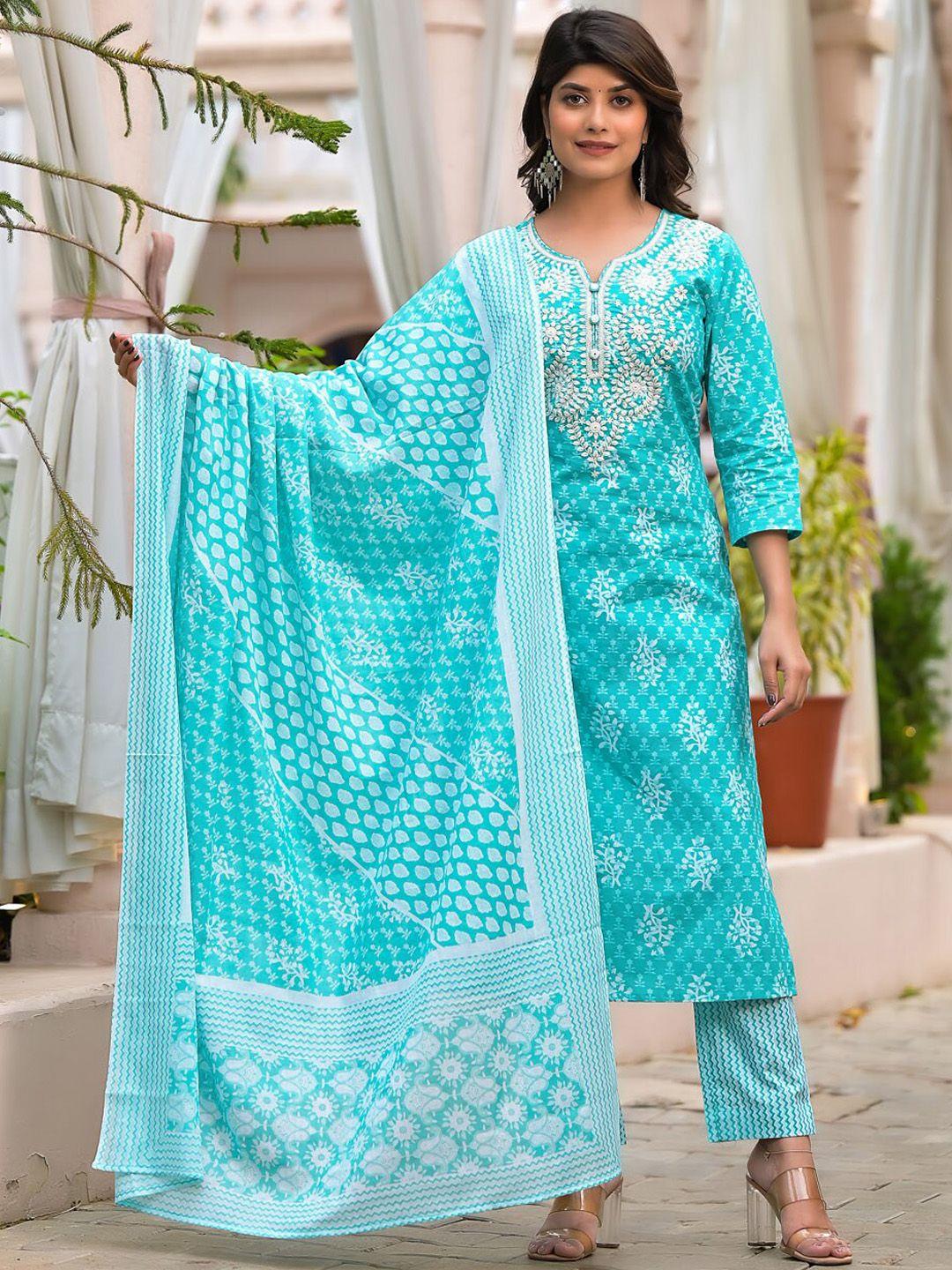 aturabi ethnic motifs printed thread work pure cotton kurta with trousers & dupatta