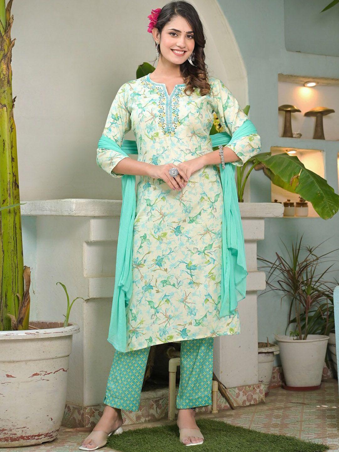 aturabi floral printed notched neck thread work kurta with trousers & dupatta