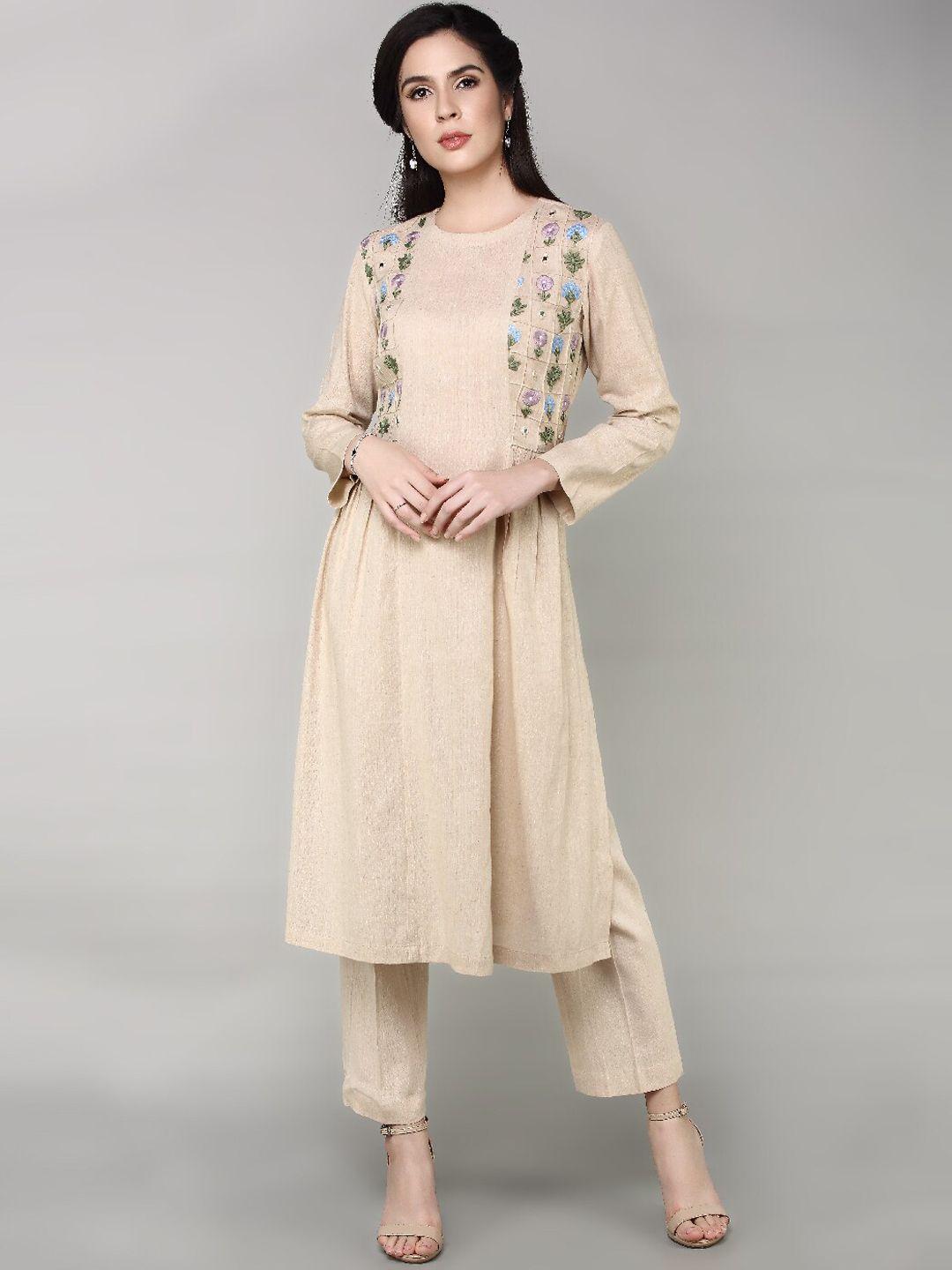 aturabi women beige panelled pure cotton kurti with trousers