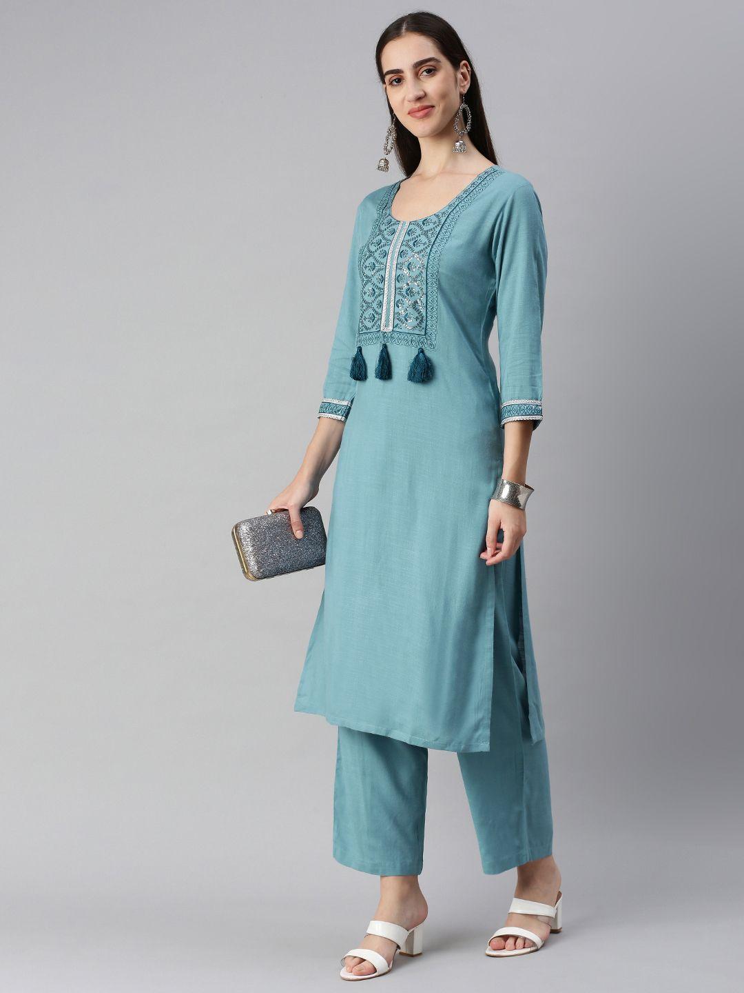 aturabi women ethnic motifs embroidered sequinned kurta with trousers