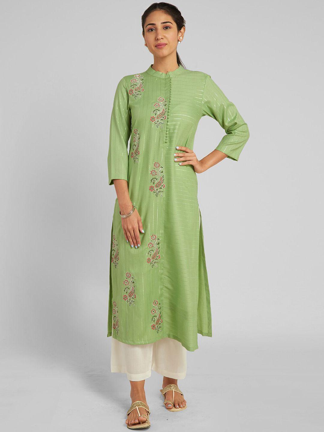 aturabi women green floral embroidered thread work kurta