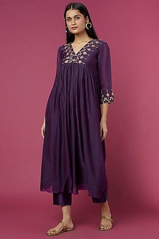 aubergine embroidered kurta set