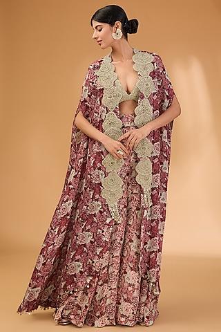 aubergine georgette & organza printed cape set