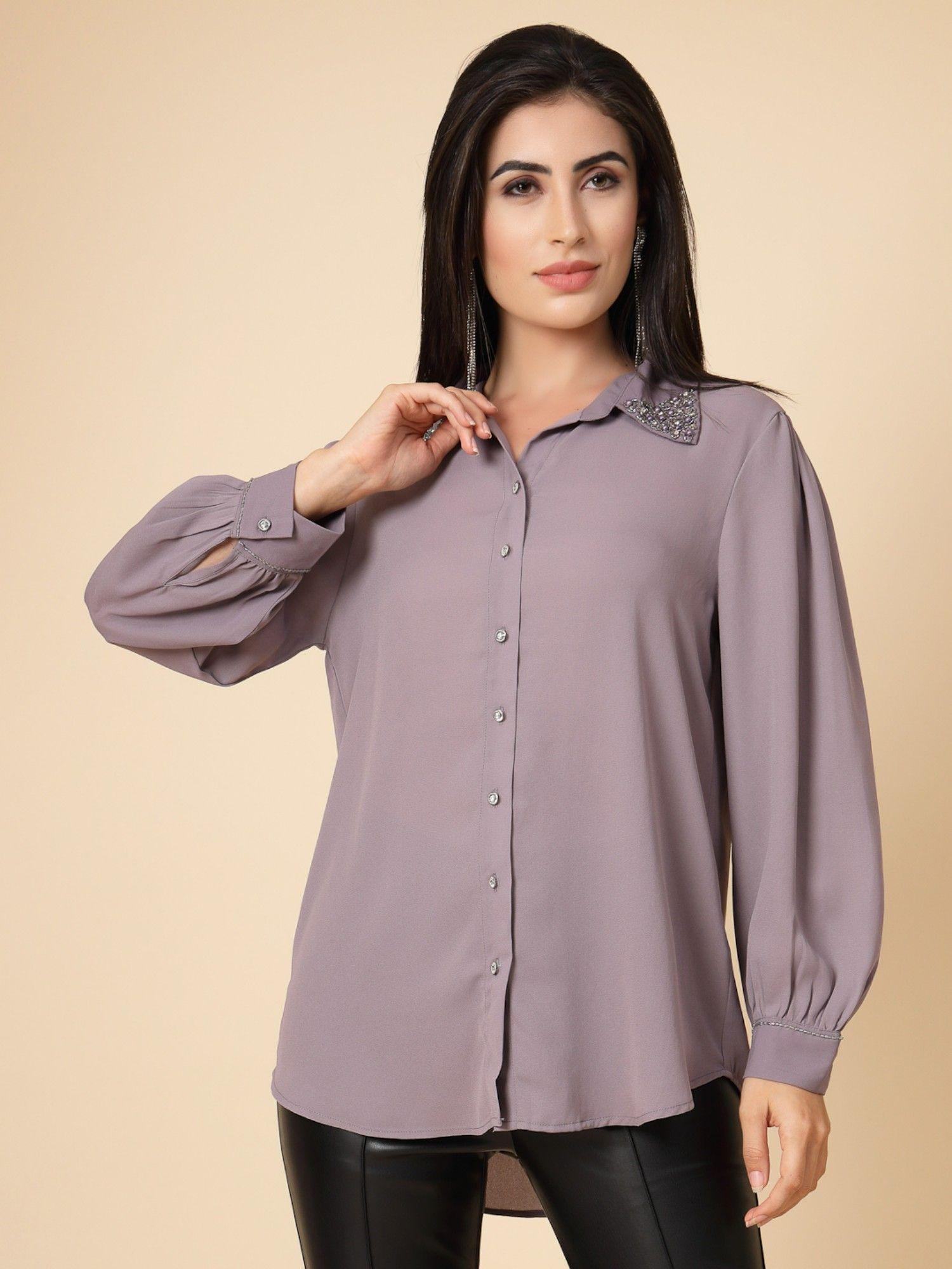 aubergine purple solid georgette shirt