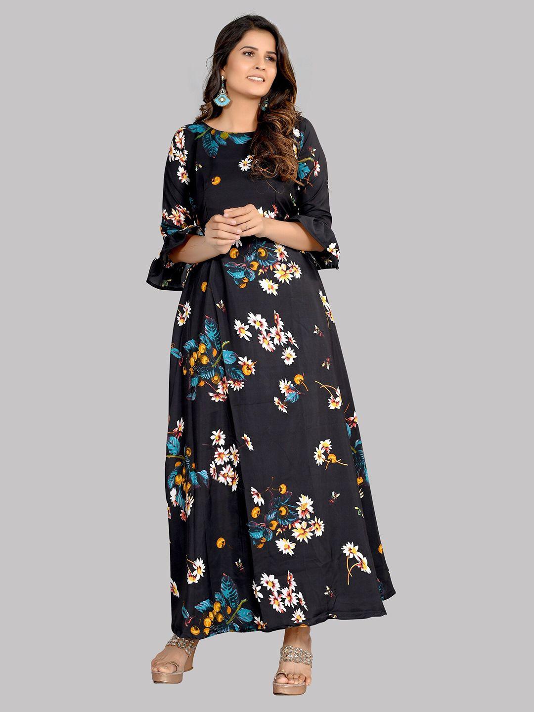 aucreations black & blue floral crepe belted maxi dress