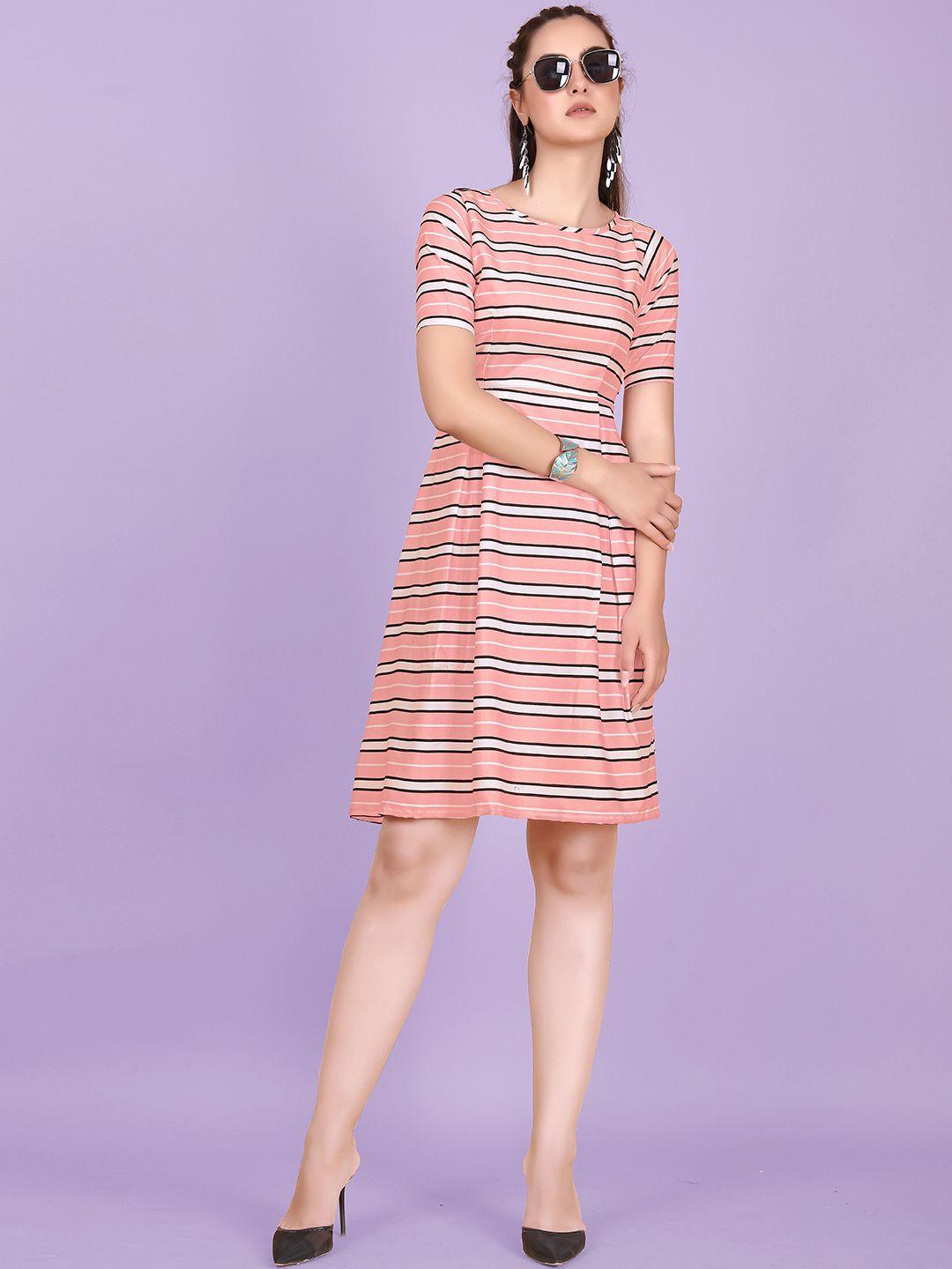 aucreations pink printed striped crepe a-line dress