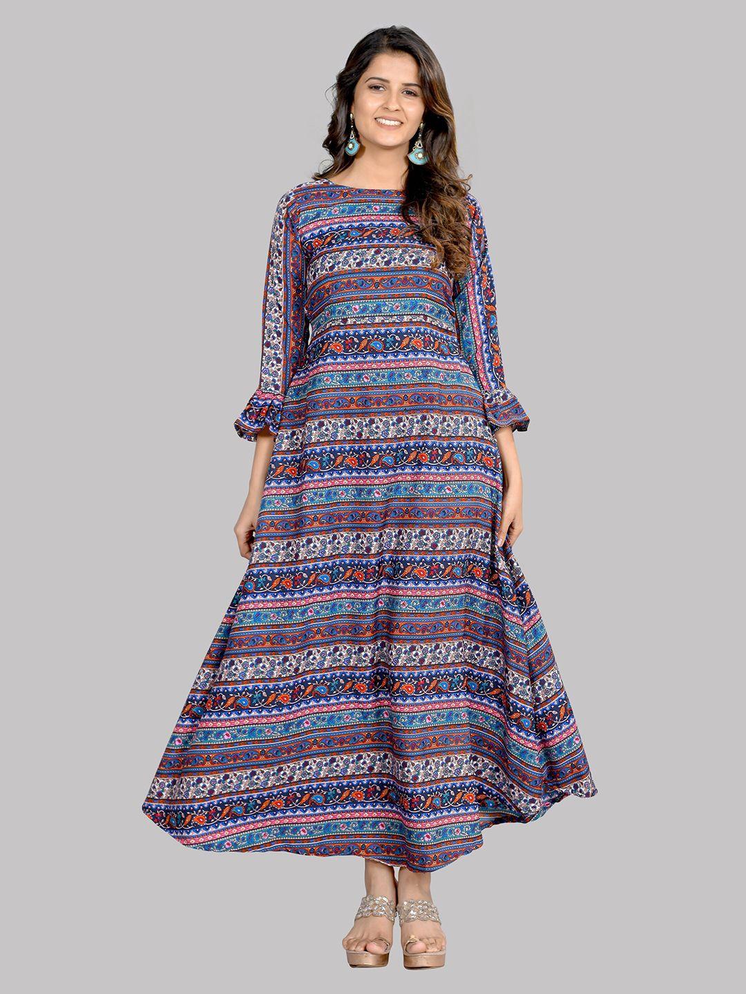 aucreations women blue & brown ethnic motifs crepe maxi dress