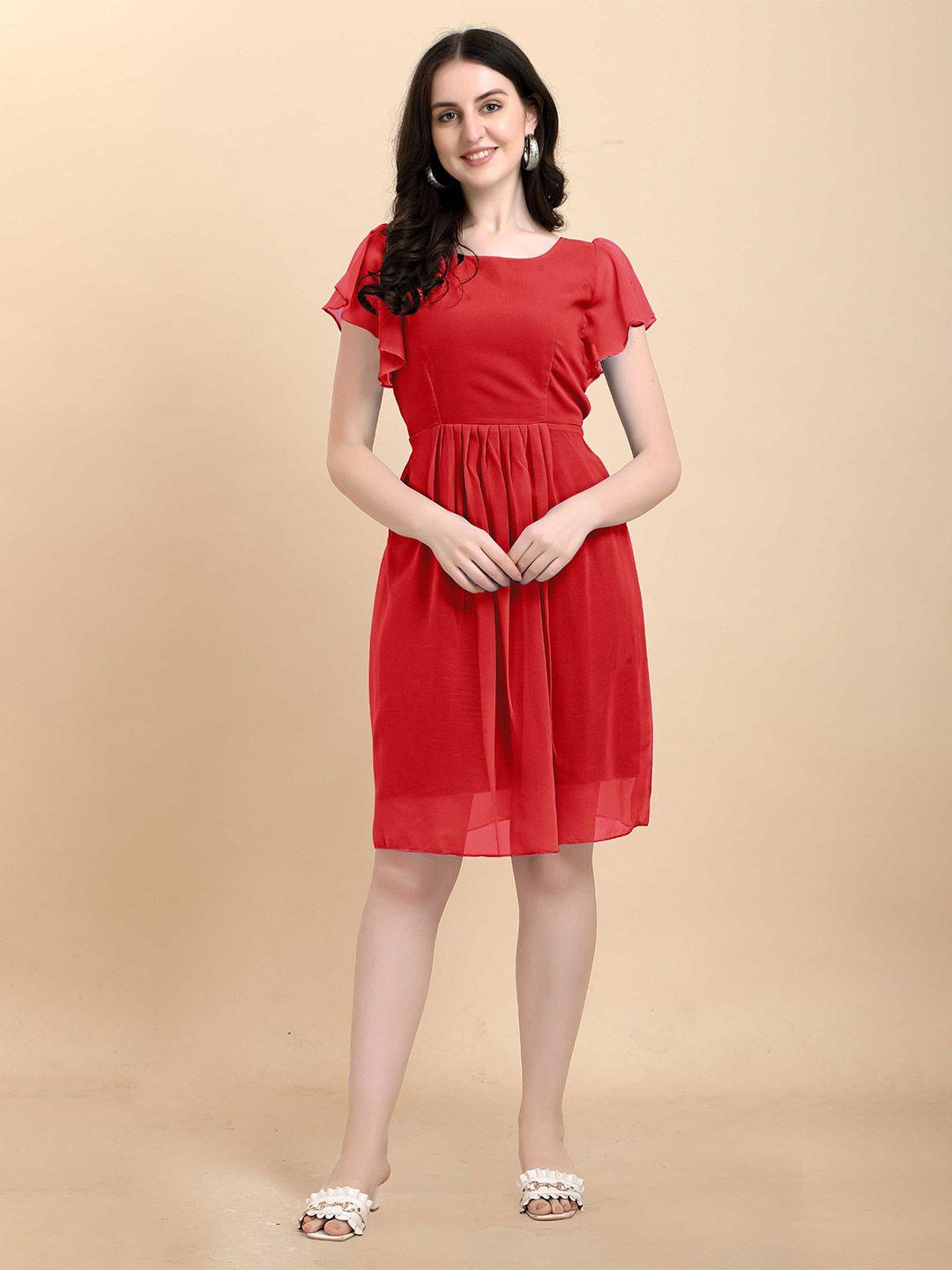 aucreations women red solid georgette dress