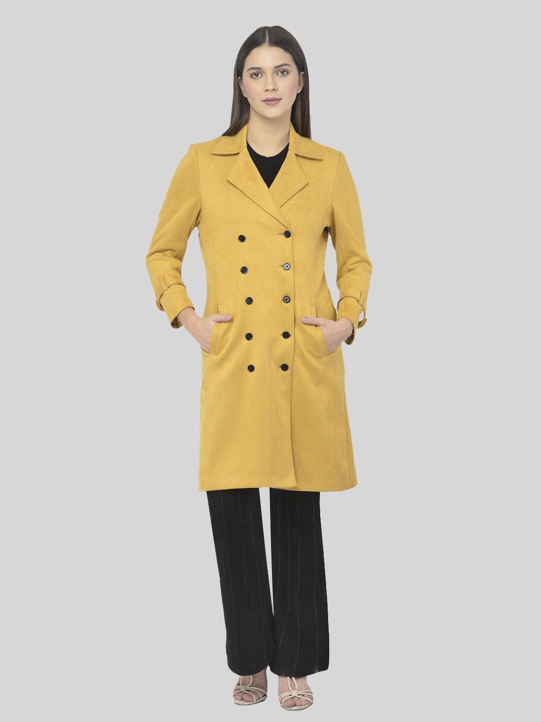 audstro women yellow solid double breasted pea coat