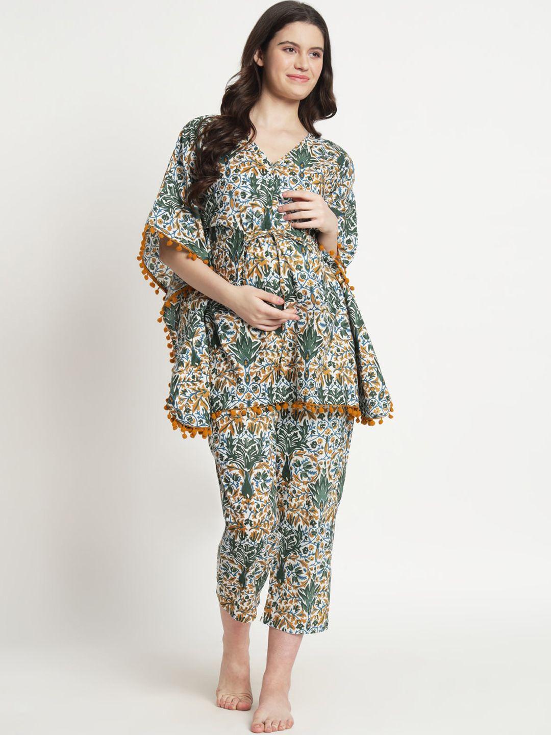 aujjessa ethnic motif printed pure cotton maternity feeding kaftan night suit