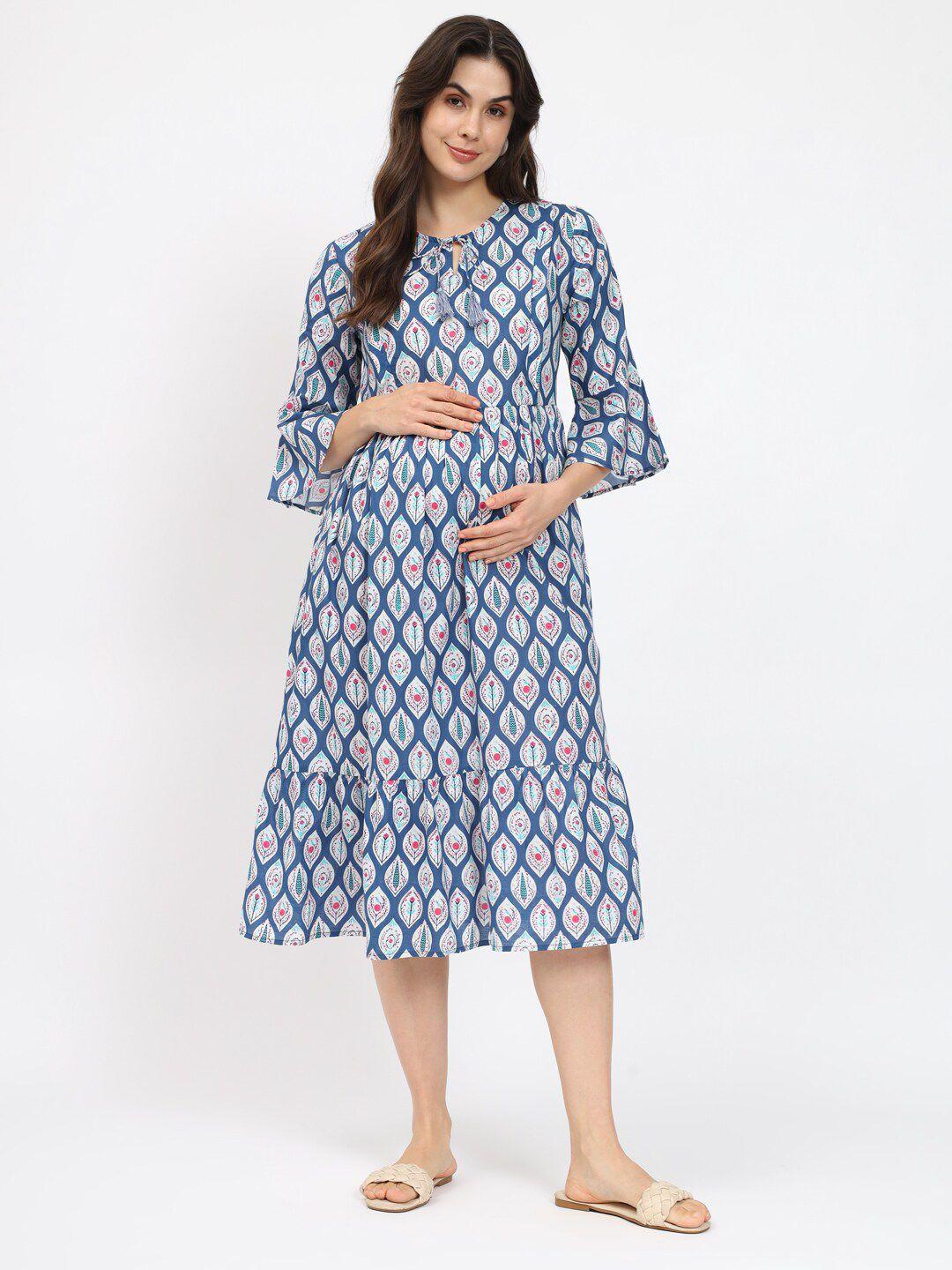 aujjessa blue ethnic motifs print keyhole neck bell sleeve maternity fit & flare midi dress