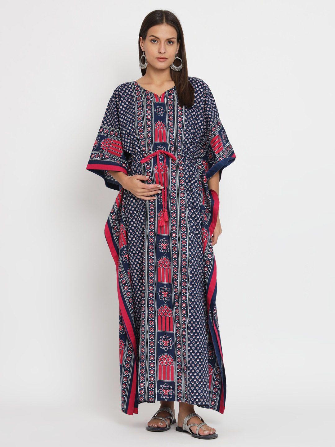 aujjessa blue ethnic motifs print kimono sleeve maternity kaftan maxi dress