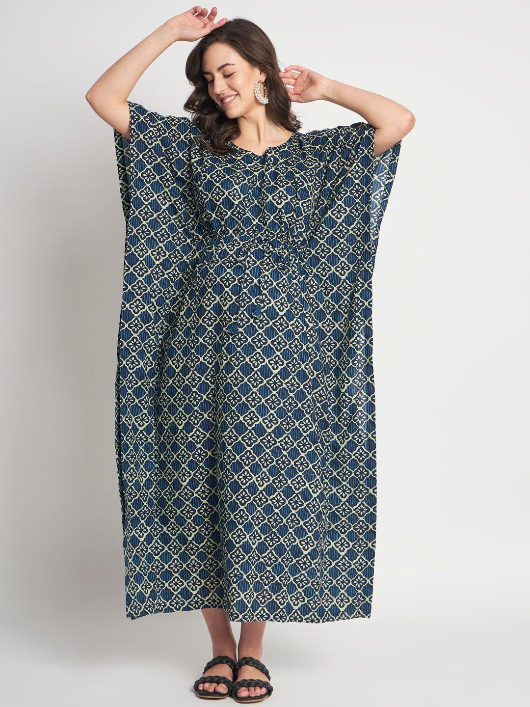 aujjessa blue ethnic motifs print tie-up neck bell sleeve maternity a-line midi dress