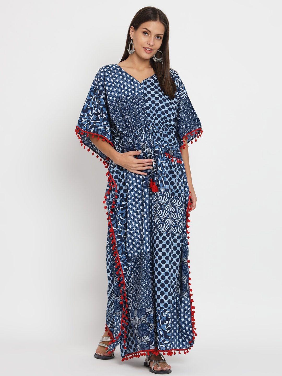 aujjessa blue print kimono sleeve maternity kaftan maxi dress