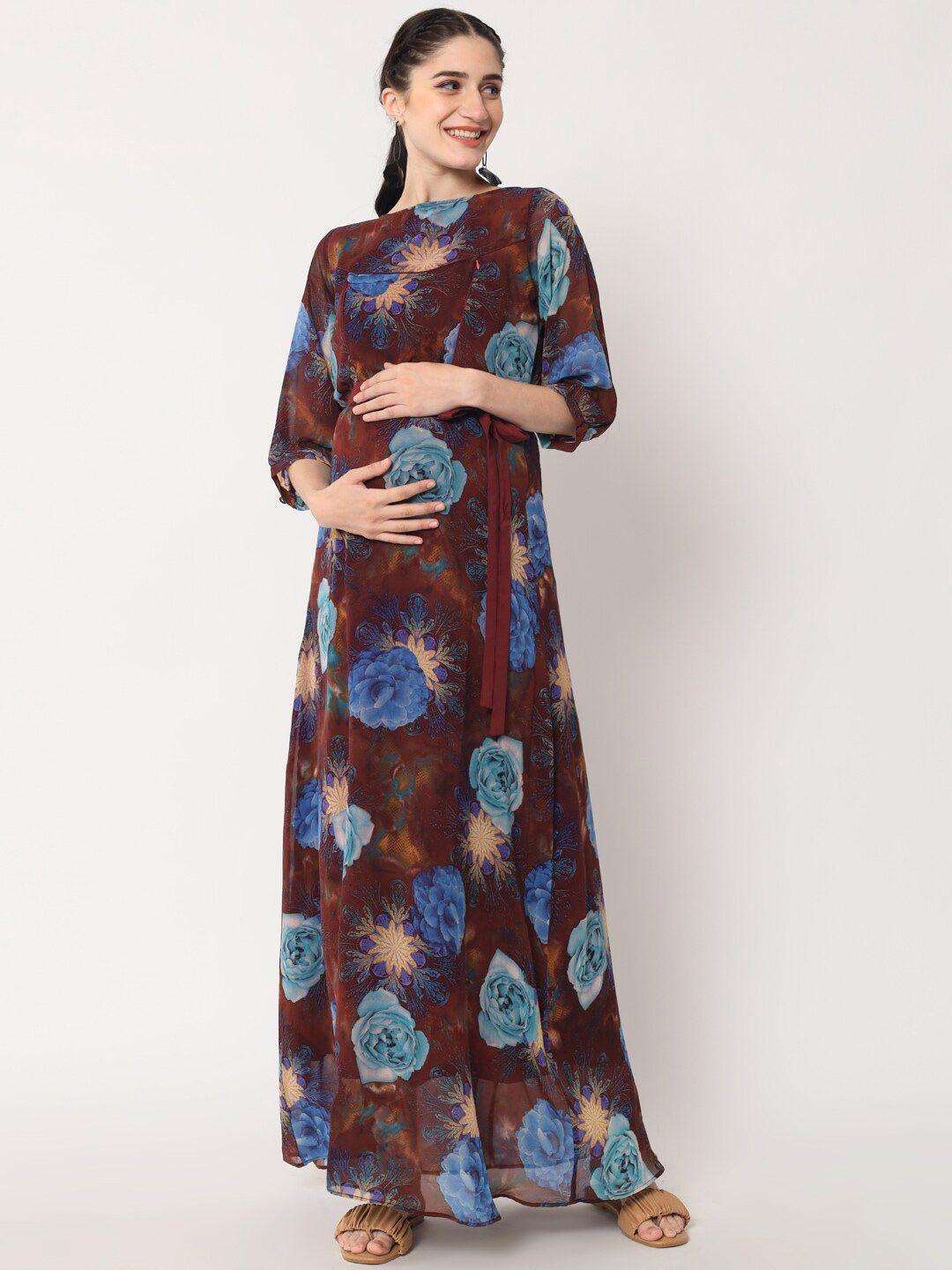 aujjessa brown & blue floral georgette maternity feeding dress