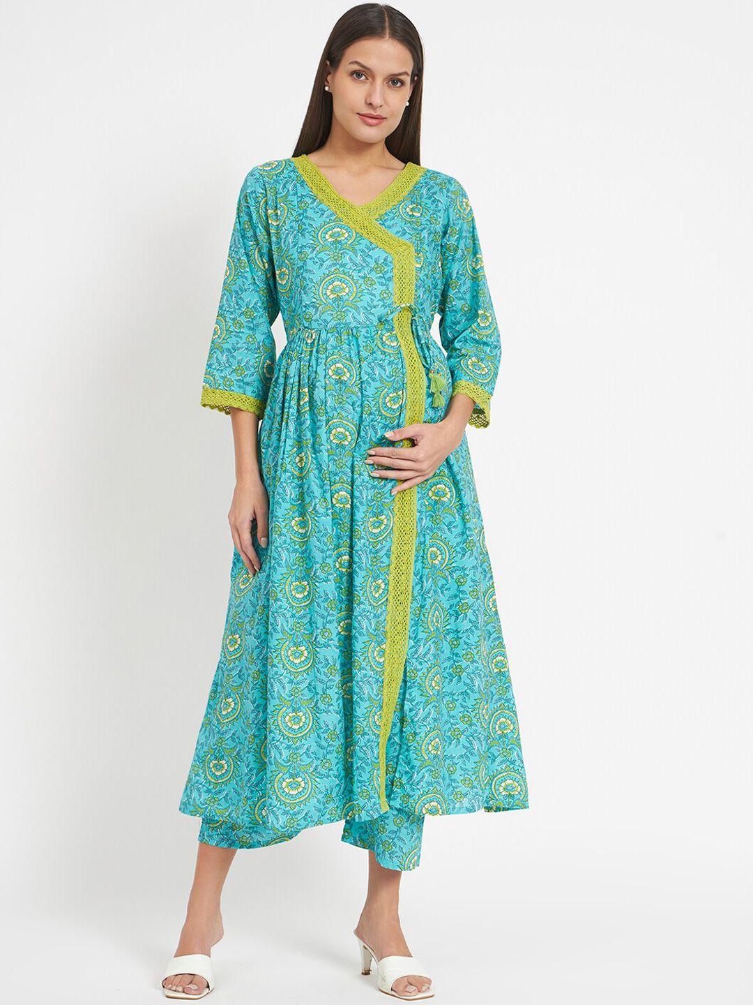 aujjessa ethnic motifs printed angrakha pure cotton maternity kurta with trousers