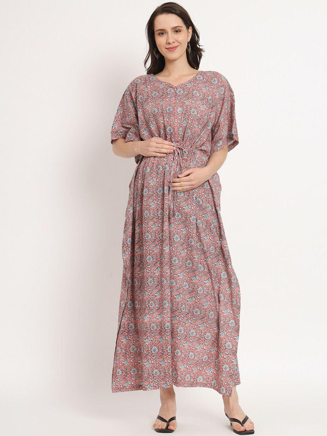 aujjessa floral printed extended sleeves pure cotton maternity kaftan maxi dress