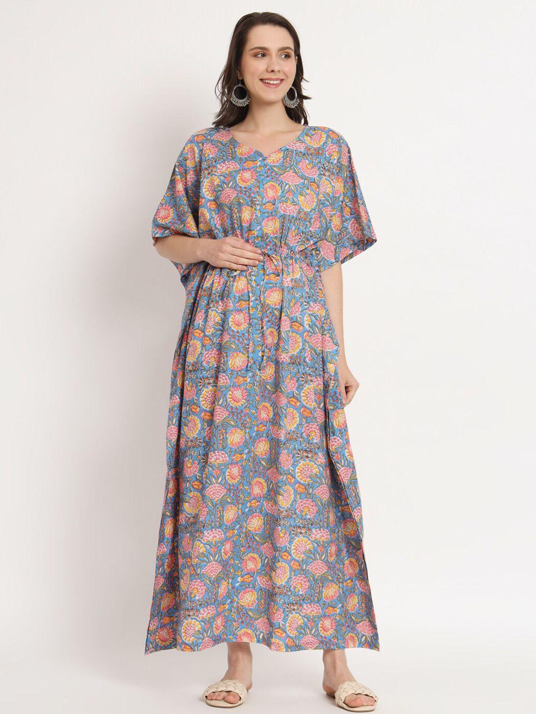 aujjessa floral printed extended sleeves pure cotton maternity kaftan maxi dress