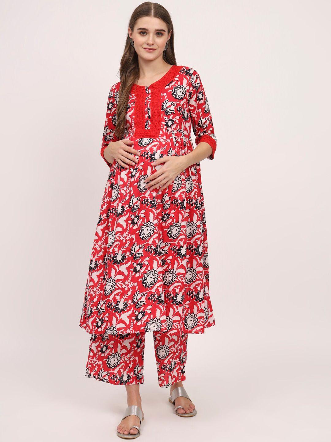 aujjessa floral printed maternity a-line pure cotton kurta with trousers