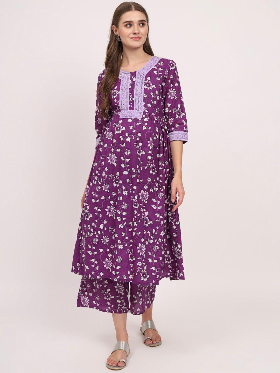 aujjessa floral printed maternity a-line pure cotton kurta with trousers
