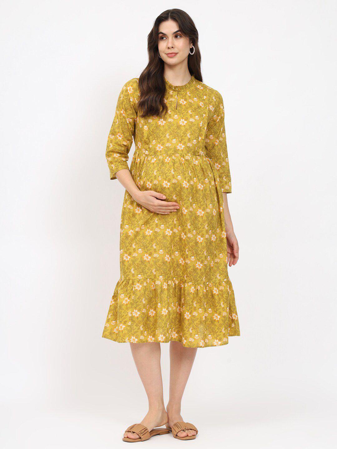 aujjessa mustard yellow floral print maternity fit & flare midi dress
