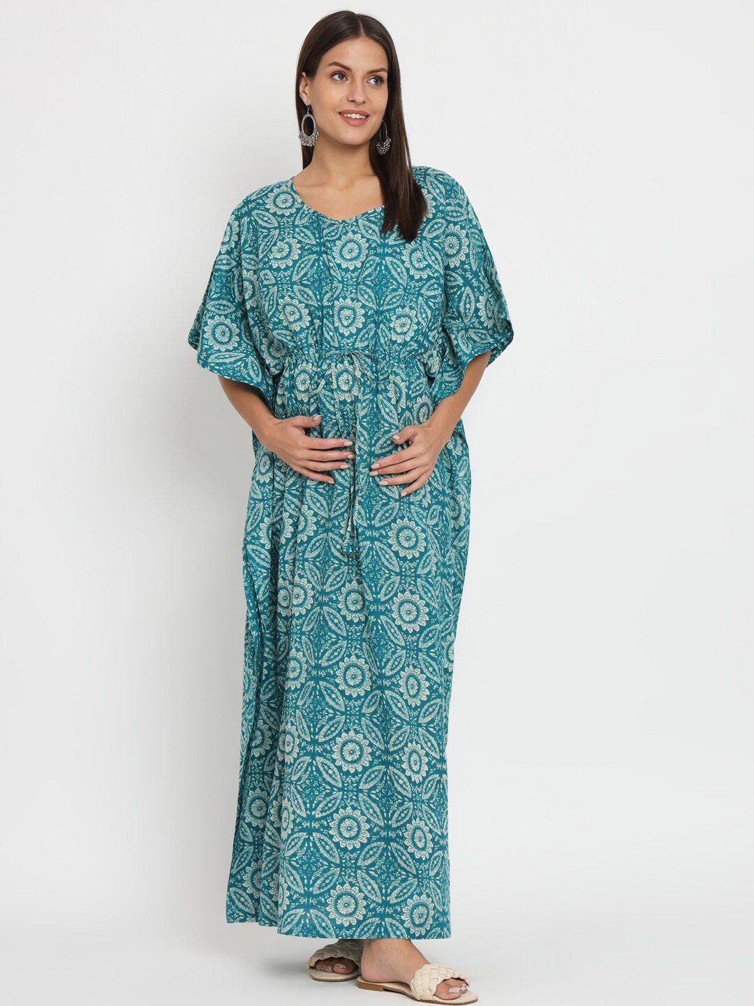 aujjessa teal ethnic motifs print cape sleeve maternity kaftan maxi dress