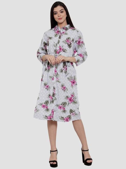 aujjessa white cotton floral print shirt dress