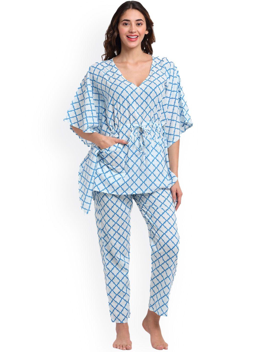 aujjessa women blue & white printed pure cotton kaftan night suit
