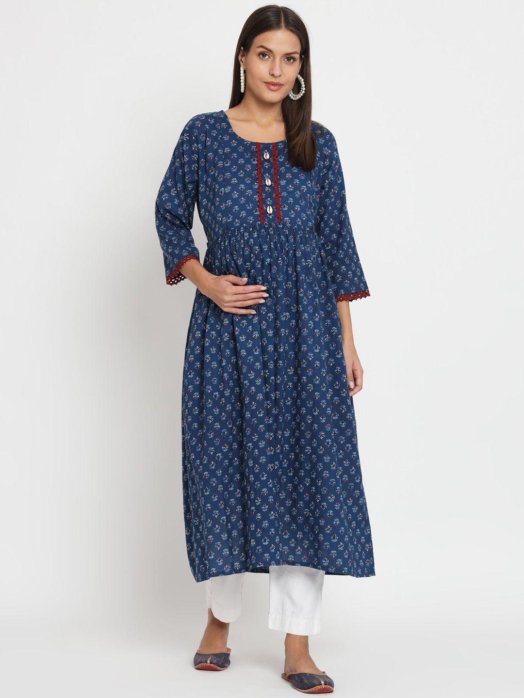 aujjessa women blue ethnic motifs printed flared sleeves thread work maternity kurta