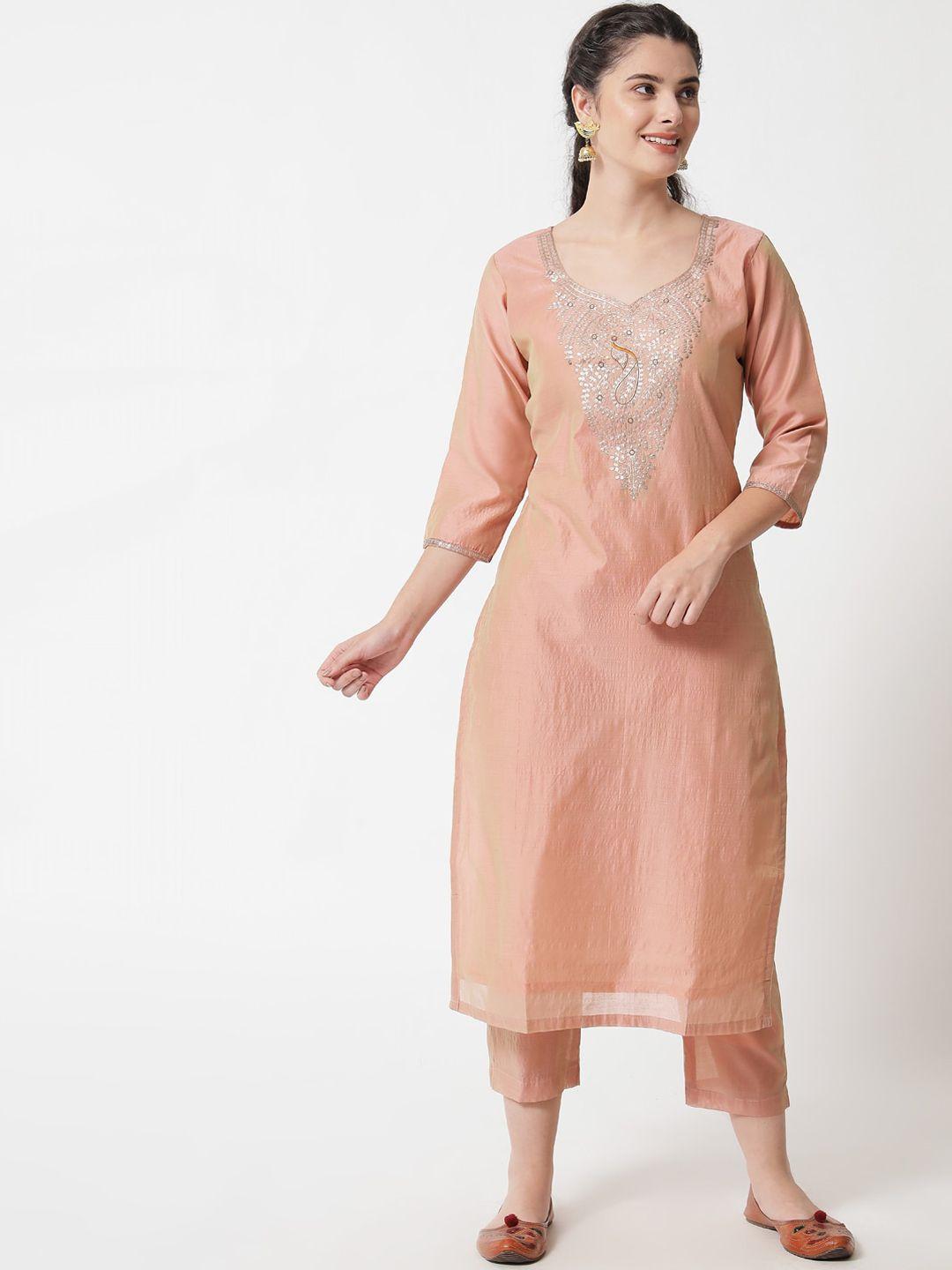 aujjessa women brown embroidered thread work chanderi silk kurta with trousers & with dupatta