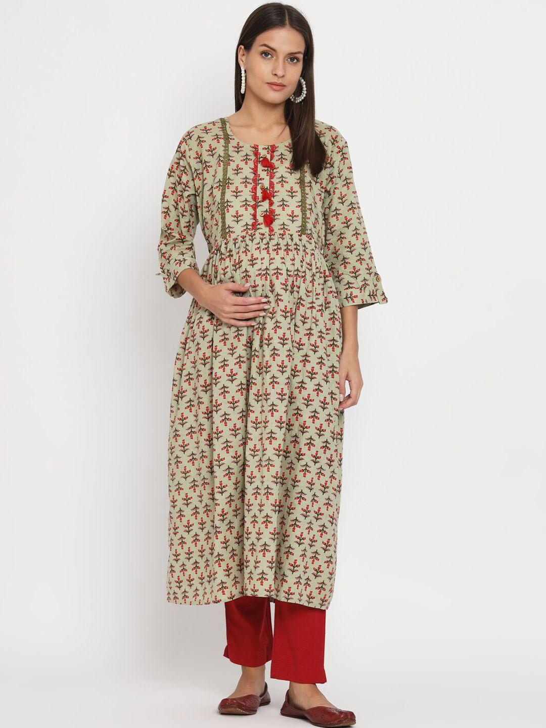 aujjessa women green ethnic motifs printed thread work maternity kurta