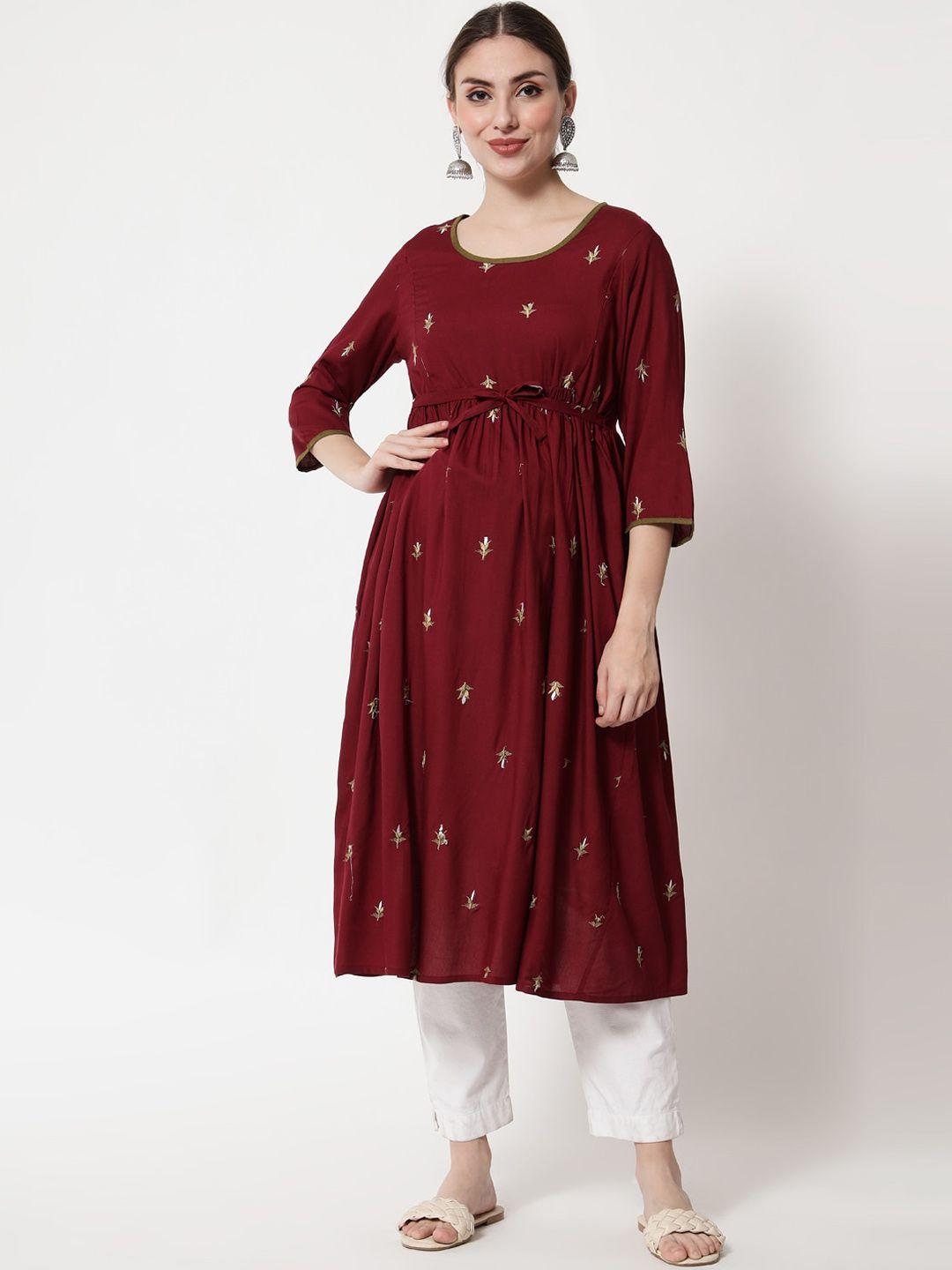 aujjessa women maroon floral embroidered maternity anarkali kurta