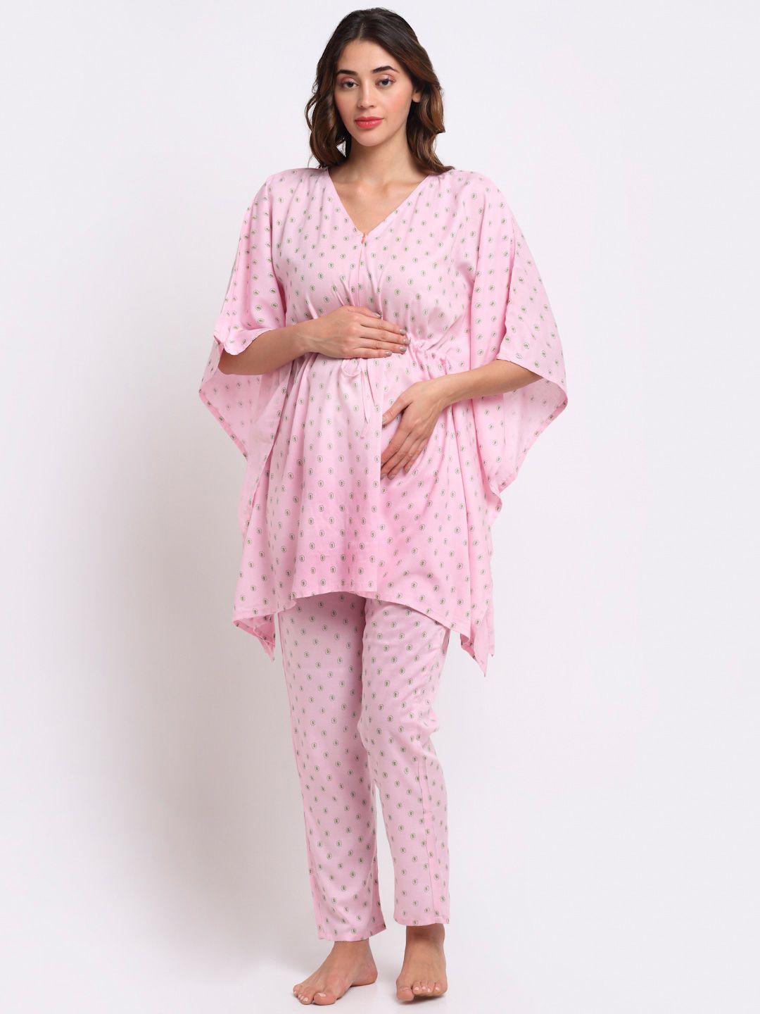 aujjessa women pink printed maternity kaftan night suit