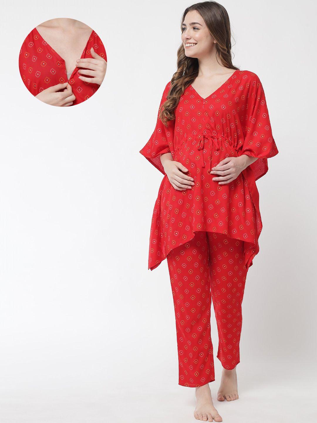 aujjessa women red printed maternity kaftan night suit
