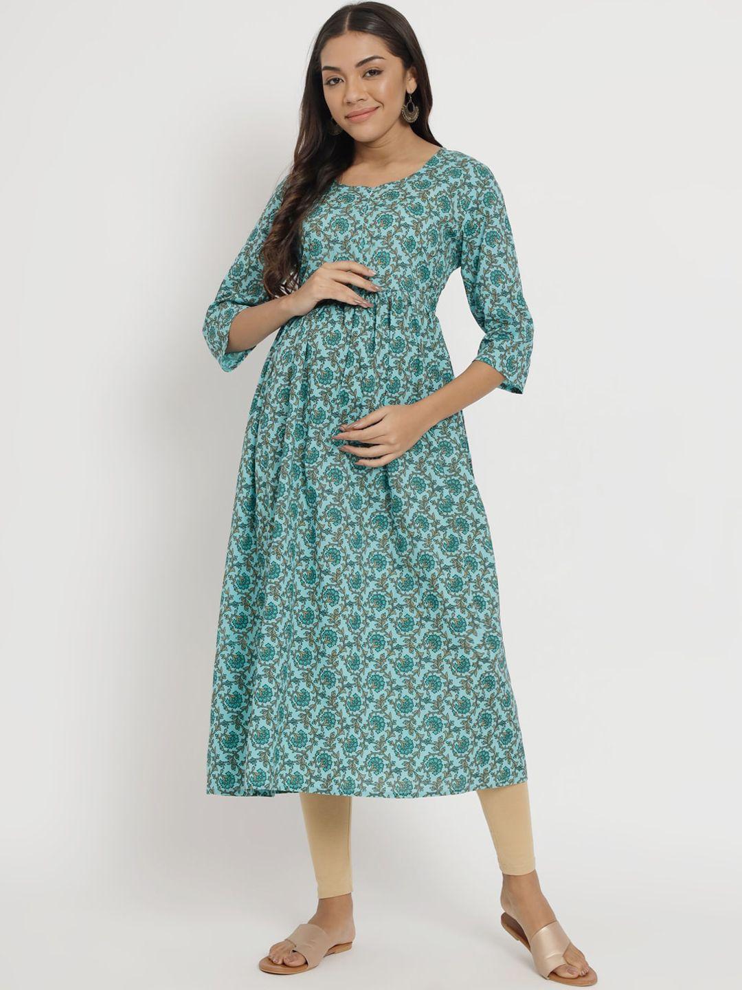 aujjessa women turquoise blue ethnic motifs printed maternity anarkali kurta