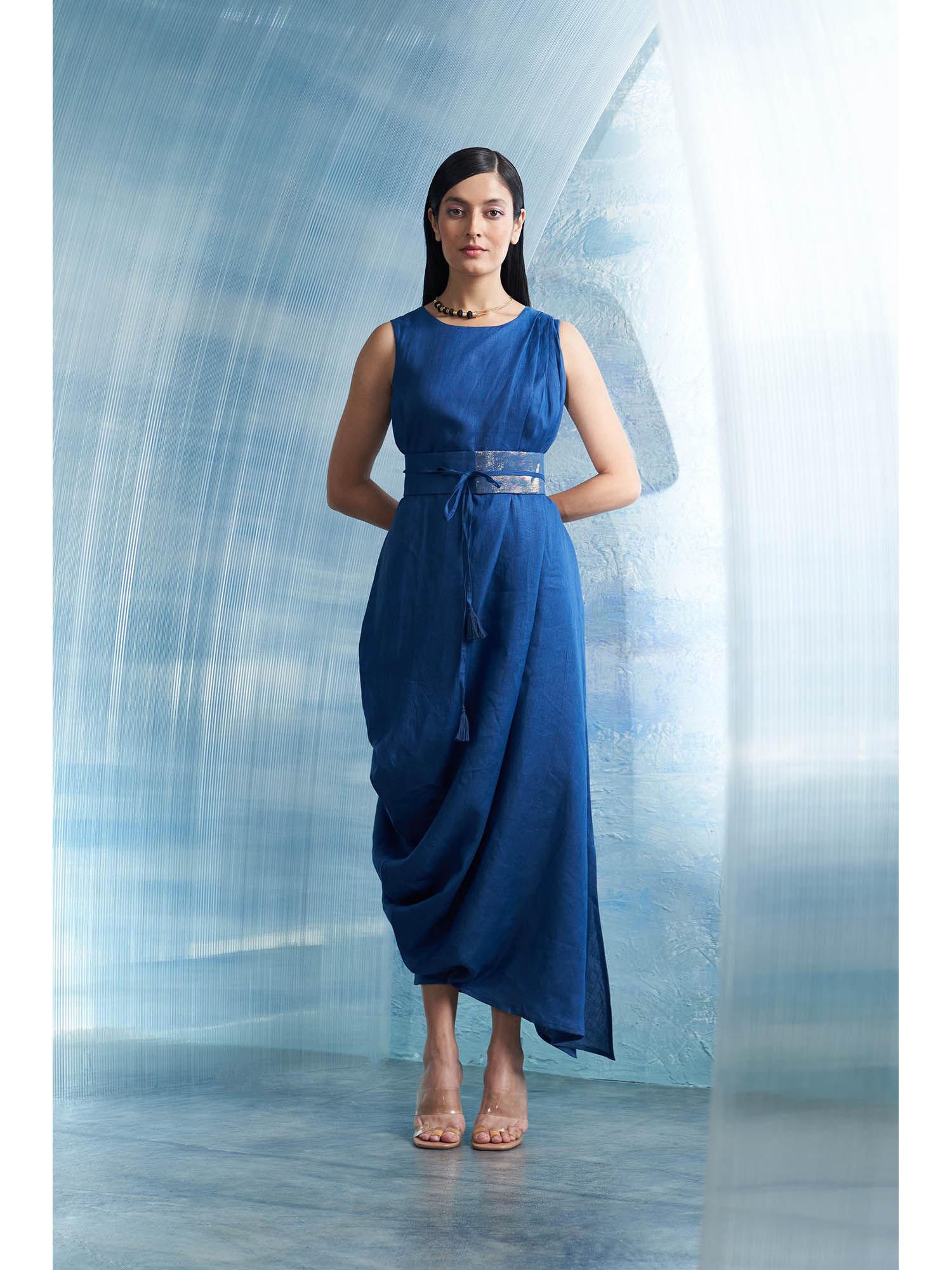 aura royal blue linen drape dress with belt (set of 2)