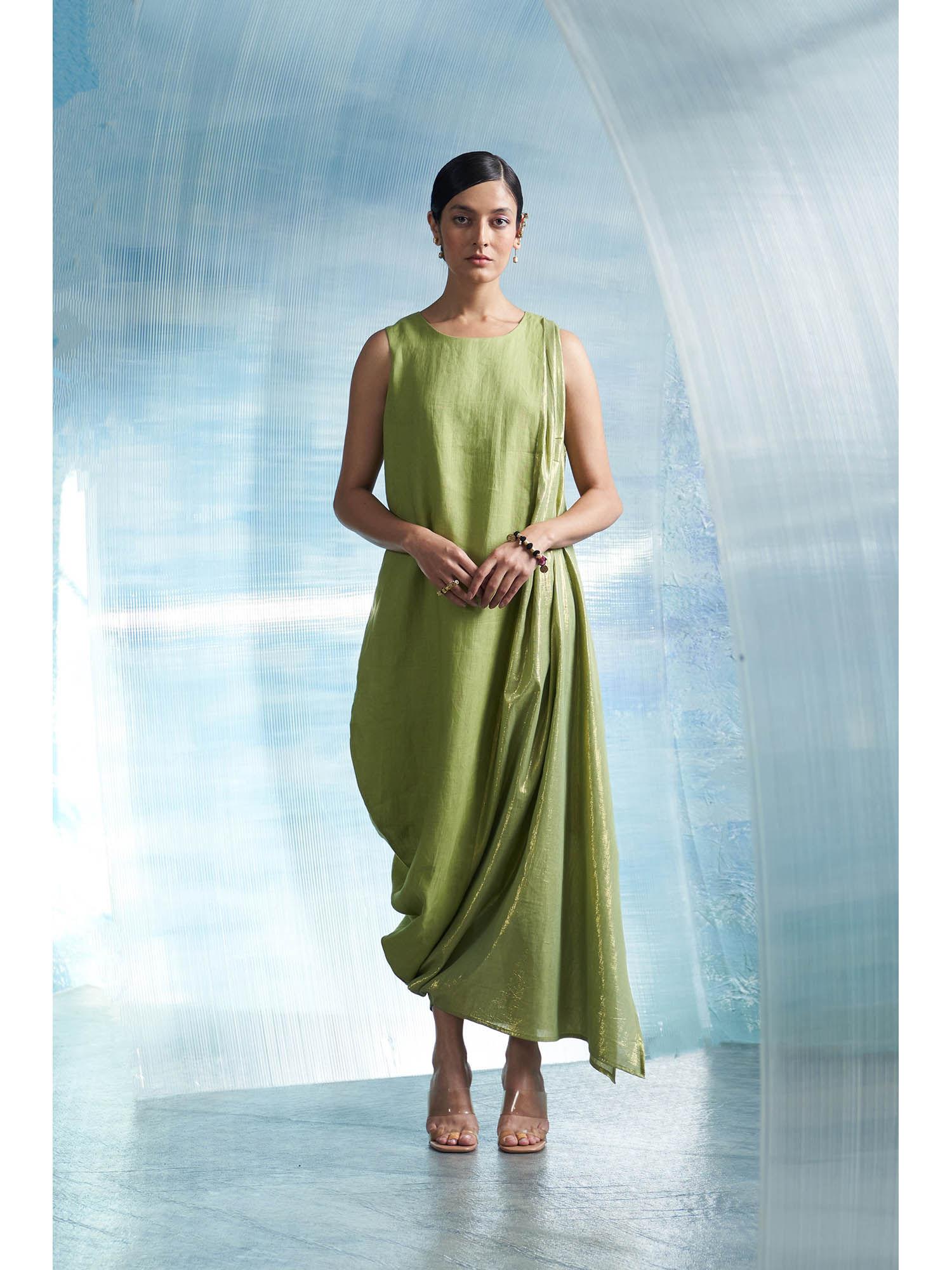 aura sheen green linen drape dress with belt (set of 2)