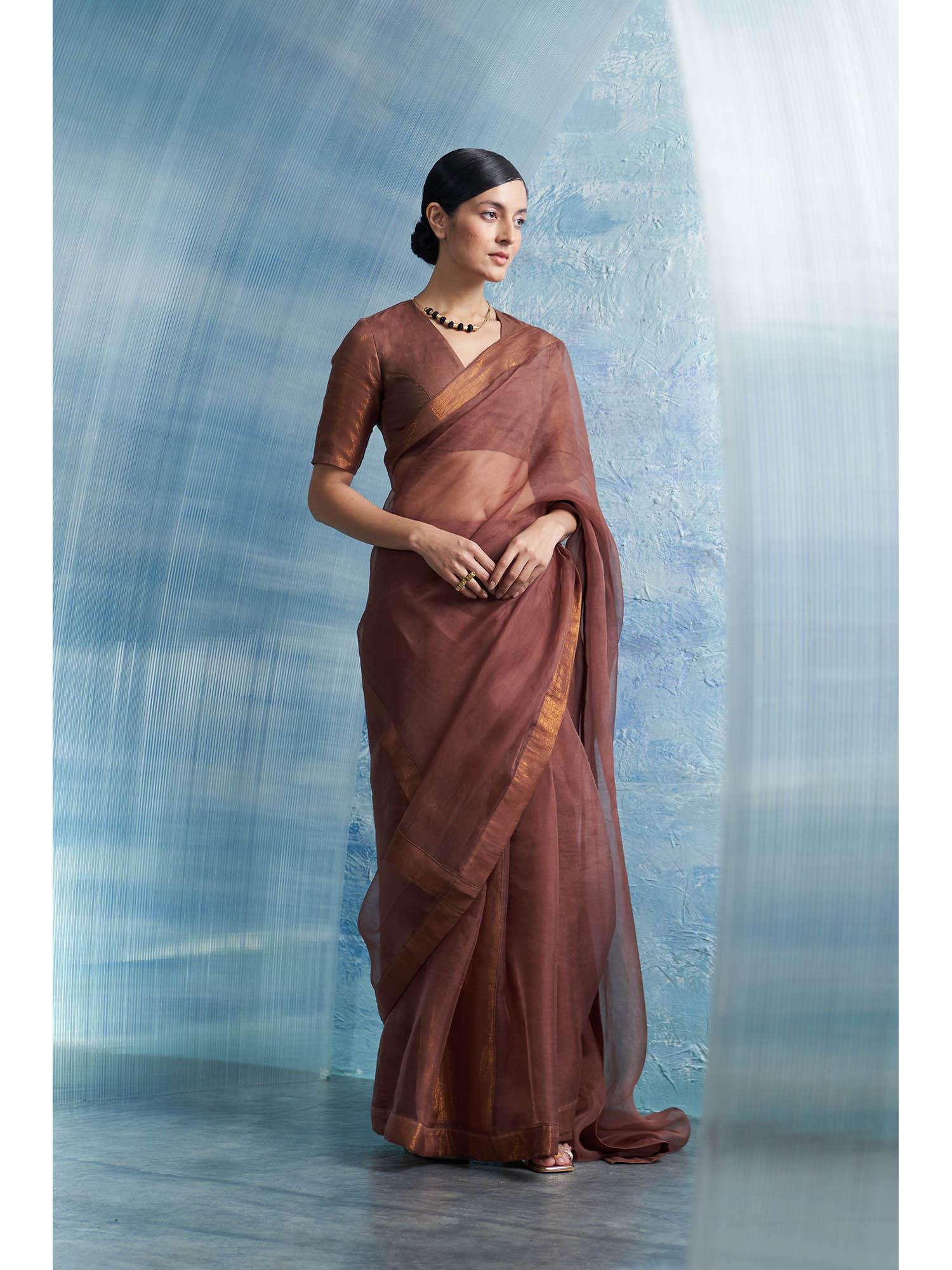 aura woody brown saree with-sleeve stitched blouse