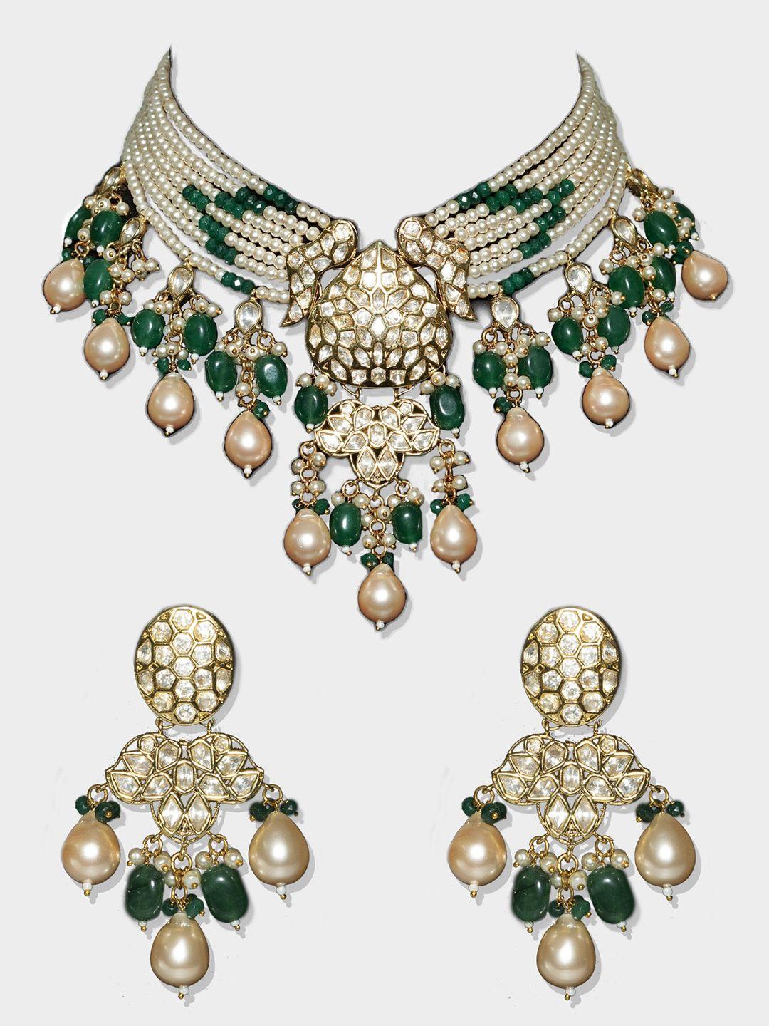 auraa trends  gold-plated green beaded kundan studded jewellery set