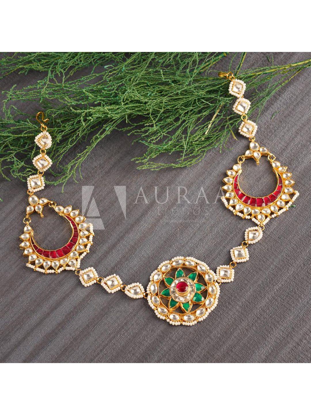 auraa trends 22 kt gold-plated white & green kundan-studded & pearl beaded head chain