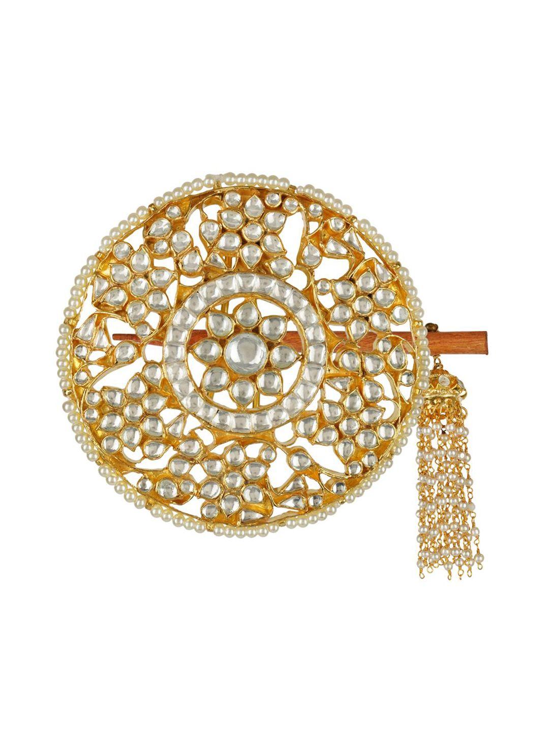 auraa trends 22 kt gold-plated white  kundan-studded & pearl beaded bun pin