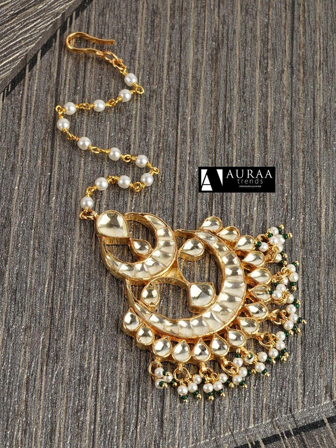 auraa trends 22kt gold-plated stone-studded & beaded maang tikka