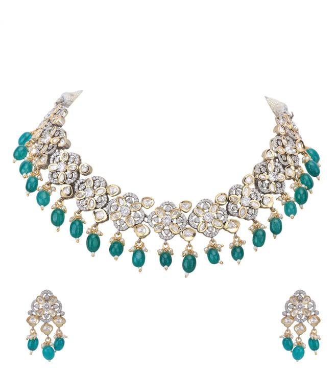 auraa trends gold plated green kundan studded choker necklace earrings set